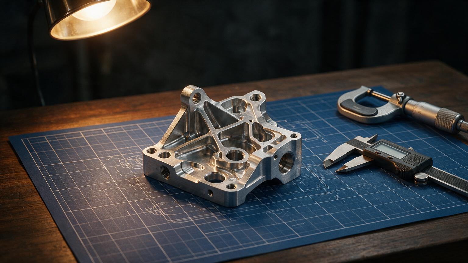 Machined part on engineering blueprint with calipers
