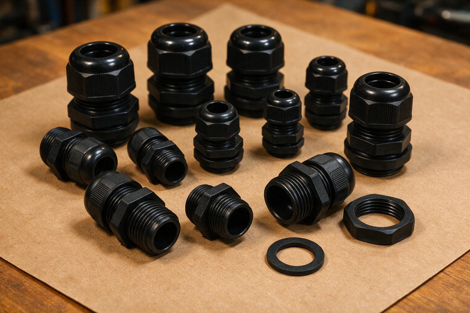 Matte black glass-filled nylon cable glands with threaded bodies in several sizes