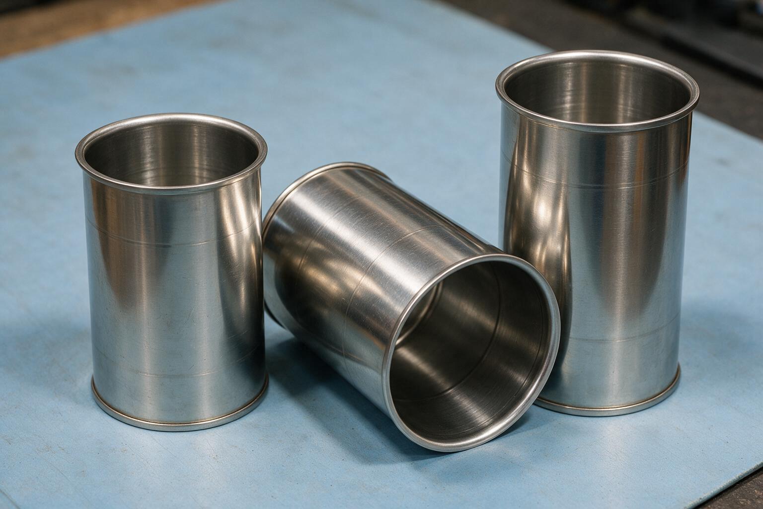 Deep drawn seamless stainless steel cylindrical can housings on a shop mat