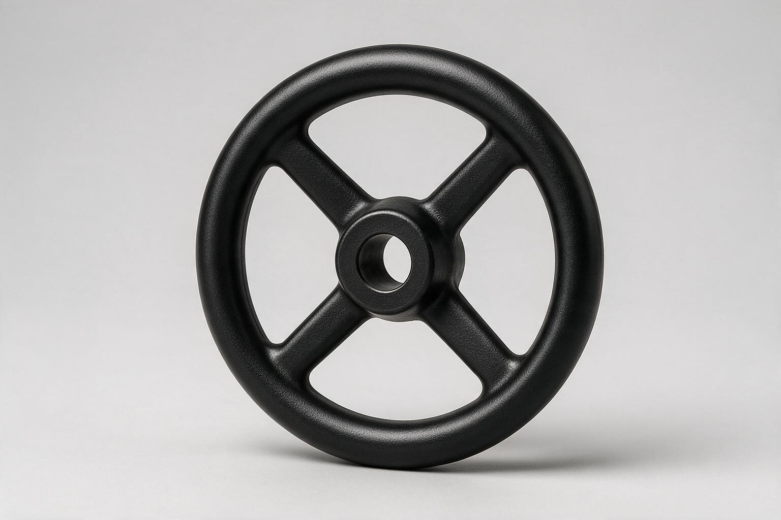 Matte black powder coated die-cast aluminum machine handwheel with four spokes