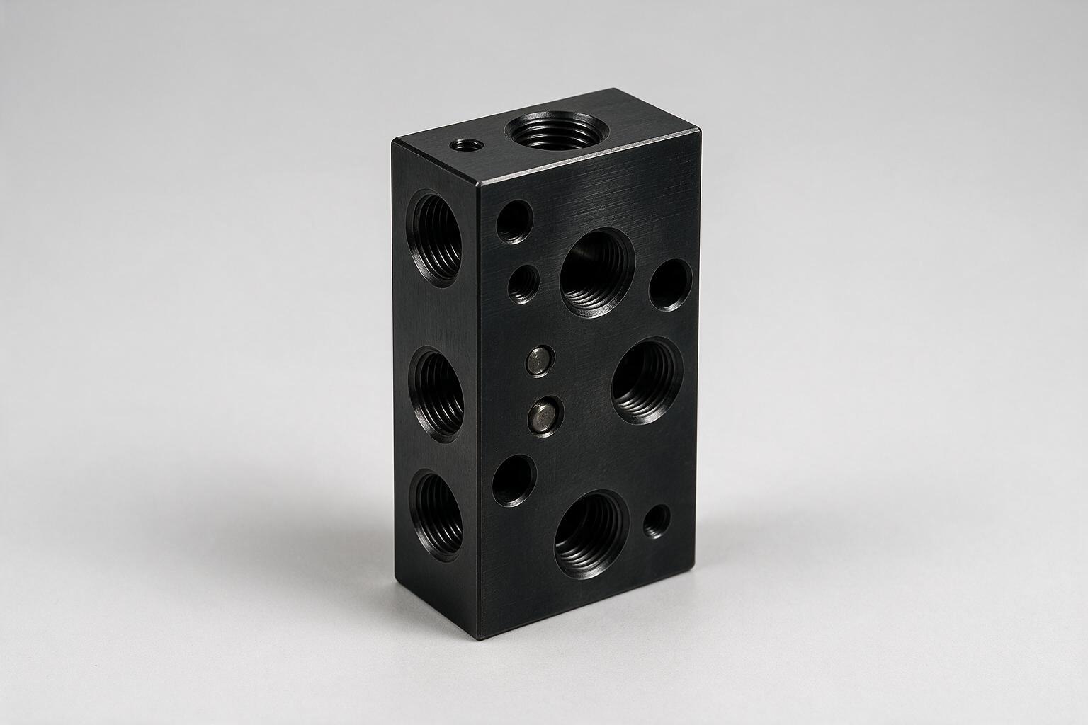 Black hard-anodized aluminum hydraulic manifold block with drilled and tapped ports